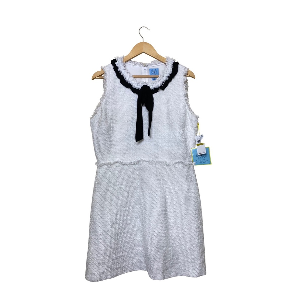 CeCe White Tweed Sleeveless Dress with Black Bow Ruffle Neck 14